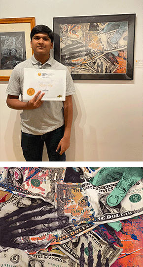 The piece above is called “Money Hungry” and it was created by Aarav Gandhi, a member of the SCFK4K Community. The piece was selected for a National Medal from the Scholastic Art and Writing Awards. “It represents economic disparities between different types of people, and how people from a myriad of different backgrounds have a common goal: money.” —Aarav Gandhi