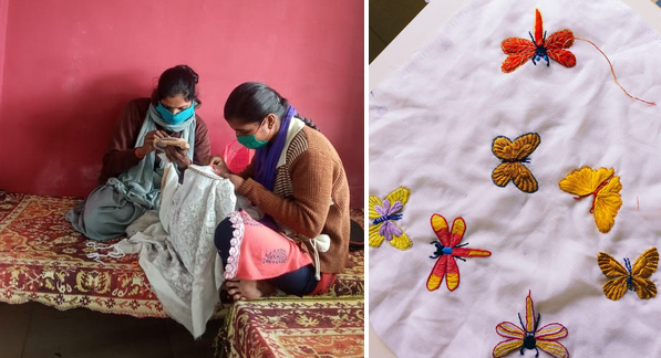 Women skilled in crafting create attractive, embroidered designs for clothing.